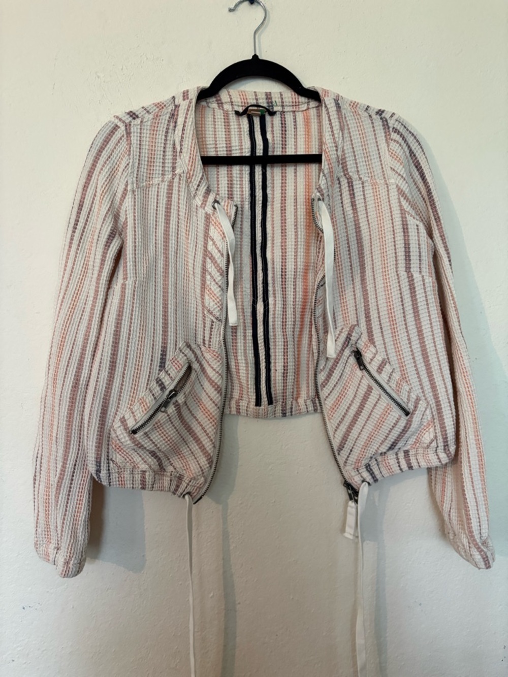 Free People Striped Cropped Open Jacket in Pink and Ivory